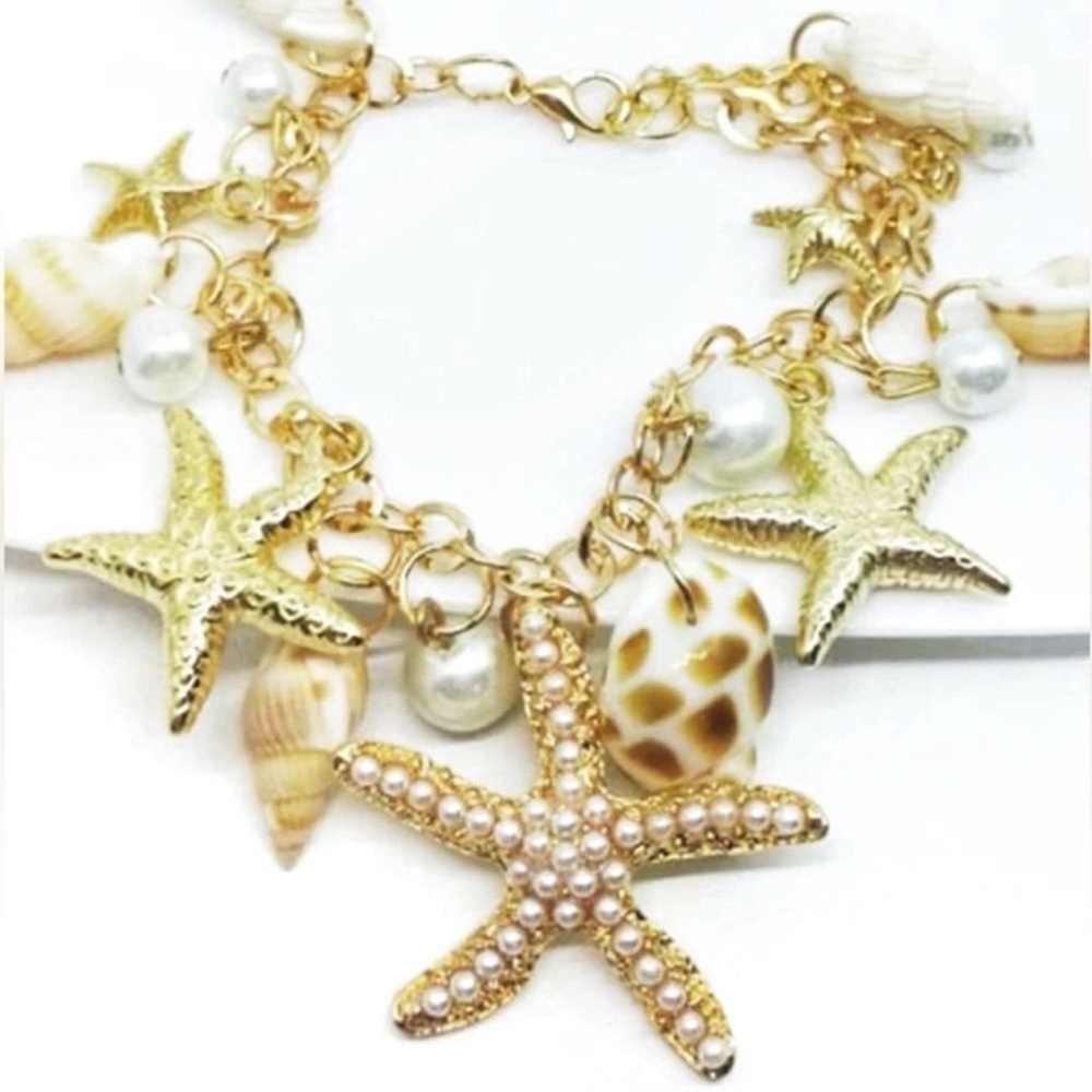 Beach Bohemian Starfish & Shell Gold Chunky Link Statement Charm Bracelet
